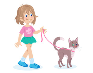 Canvas Print - Cute happy girl is walking with a funny kitten. In cartoon style. Isolated on white background. Vector flat illustration.