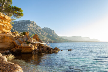 Landscape of the coast at small mediterranean town of Betlem in Mallorca Spain during a clear beautiful day