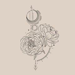 flowers and the moon in line style for tattoo, minimalist design cosmetics store, jewelry handmade, beauty salon, spa, print on clothes, delicate nude color