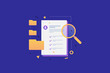© KOSIM - Questionnaire-resume, file folders, magnifying glass on a blue background. Job search and selection of vacancies on the Internet. Online job application, vector illustration.