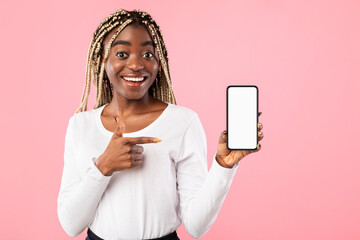Black lady showing blank empty smartphone screen for mockup