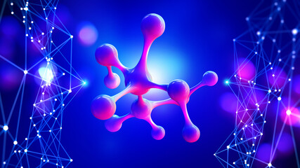 Poster - Molecule 3D illustration. Computer simulation and laboratory experiments. Decoding genome. Virtual modeling of chemical processes. Hi-tech in medicine