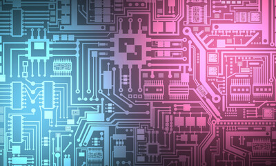 Abstract background circuit Board. PCB concept. Radio electronics and electronic components. Manufacturing of printed circuit boards. Pink and blue printed circuit Board.