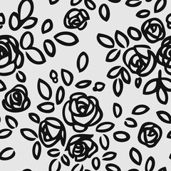 Aufkleber - Seamless pattern with abstract garden roses, with buds and leaves silhouette. Gray background with blossoming outline flowers. Vintage floral hand drawn wallpaper. Vector stock illustration.
