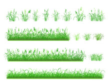 Set Of Hand Drawn Grass. Separate Tufts Of Grass, Compact Lawns. Green Silhouettes Isolated On White Background. Illustration, Brushes.