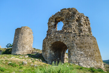 Wall Mural - Remains of powerful towers of fortress Kalamita, Inkerman, Crimea. Fortification was founded by Byzantines in VI. In XV it was captured by Turks. Now it's tourist place nearby Inkerman Cave monastery