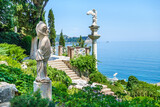 Fototapeta  - Ancient statues of Greek goddesses in garden nearby sea. Shot in park Paradise (or Aivazovsky) in Partenit on coastline of Black Sea, Crimea