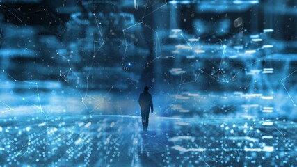 Wall Mural - concept cyberspace walking in bright abstract city. businessman in digital world. people and compute