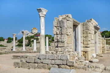 Wall Mural - Ancient church of VI century in antique city Chersonesus, Sevastopol, Crimea. Building called 'Basilica 1935'.  Vladimir's Cathedral is on background