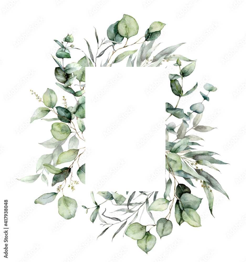 Watercolor vertical frame of eucalyptus branches, seeds and leaves. Hand painted card of silver dollar plants isolated on white background. Floral illustration for design, print, fabric or background. - obrazy, fototapety, plakaty 