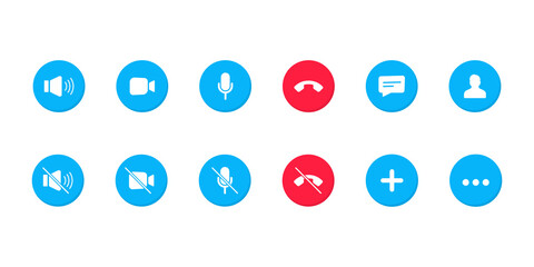 Set of Video call icons. Video conference. Collections buttons of on-line video chat app, internet talk, call technology. Web app ui display template. Videoconferencing and online meeting workspace