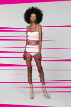 Afro Woman In Lingerie With Pink Stripes Against White Background