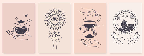Wall Mural - set of alchemy esoteric mystical magic with woman hands. esoteric linear prints with astrological sy