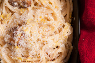 Poster - spaghetti parmesana with mushrooms