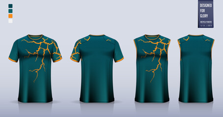 Green T-shirt sport, Soccer jersey, football kit, basketball uniform, tank top, and running singlet mockup. Fabric pattern design. Vector.