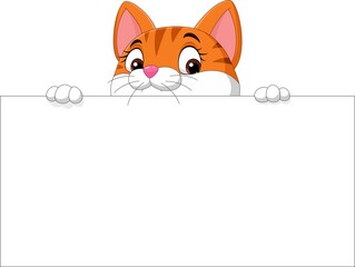 Wall Mural - Cartoon cute kitten with blank sign