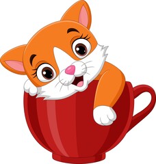 Wall Mural - Cartoon cute kitten sitting in red cup