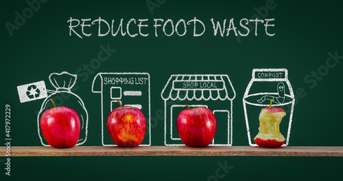 Reduce food waste text, ways to reduced food waste using four apples, sustainable living and zero waste