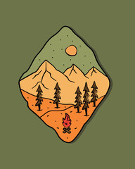 mountain and tree camping nature adventure in the night wild line badge patch pin graphic illustrati