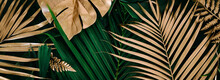 Creative Nature Background. Gold And Green Tropical Monstera And Palm Leaves. Minimal Summer Abstract Jungle Or Forest Pattern.