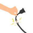 © solthanya - Electric shock plug in hand, Do not plug it danger, Hand holding a dangerous damaged electrical cord.