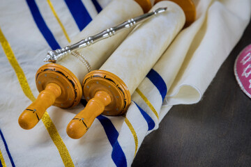 Sticker - Jewish Orthodox holidays, during prayer items prayer shawl tallit with torah scroll