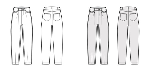 Wall Mural - Slouchy Jeans Denim pants technical fashion illustration with full length, low waist, rise, Rivets, oversized. Flat bottom template front back white, grey color style. Women, men, unisex CAD mockup