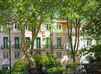 Wall Mural - Colorful buildings of Lisbon historic center near landmark Rossio Square.