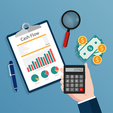 Accountant holding a calculator checks cash flow report concept illustration.