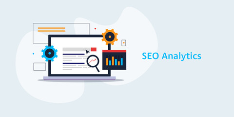 Seo analytics software program running on laptop screen, showing web traffic data and search engine ranking concept. Flat design vector banner.