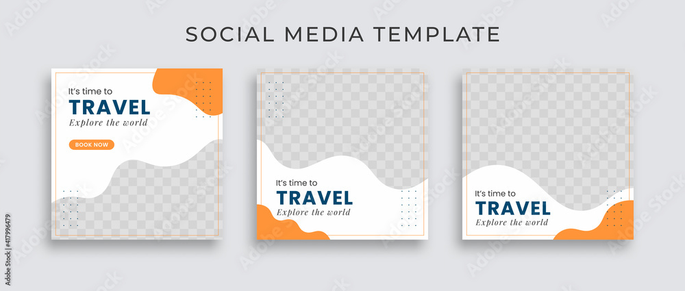Editable template post for social media ad. web banner ads for travel promotion .design with white, blue and yellow color. - obrazy, fototapety, plakaty 