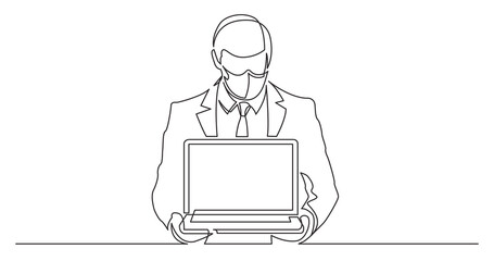 Wall Mural - continuous line drawing of standing man in suit showing-laptop computer wearing face mask