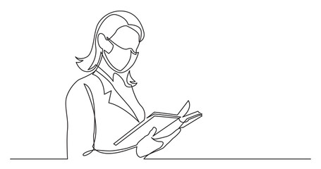 Wall Mural - continuous line drawing of business woman reading book wearing face mask