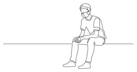 Wall Mural - continuous line drawing of sitting young man thinking wearing face mask