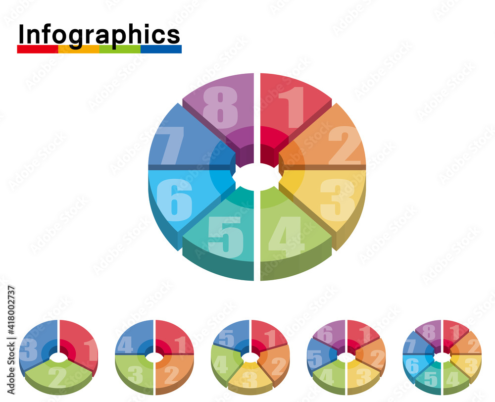 インフォグラフィックス 3d立体的な3 8分割カラフル円グラフのグラフィック素材セット Wall Mural Globeds インフォグラフィックス 3d立体的な3 8分割カラフル円グラフのグラフィック素材セット Wall Mural Globeds