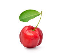  Juicy Red Acerola Cherry With Green Leaf Isolated On White Background. Clipping Path.
