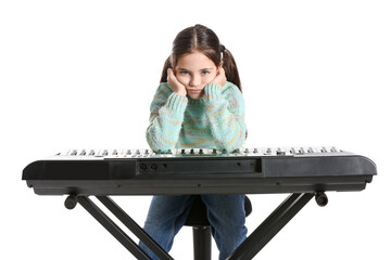 Wall Mural - Bored little girl with synthesizer on white background