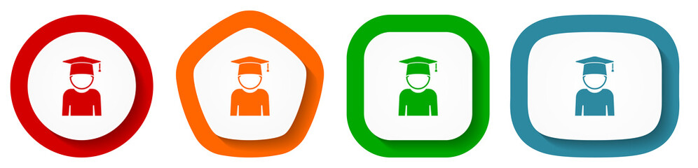 Aufkleber - Educate, education, graduate, male student vector icon set, flat design buttons on white background for webdesign and mobile phone applications