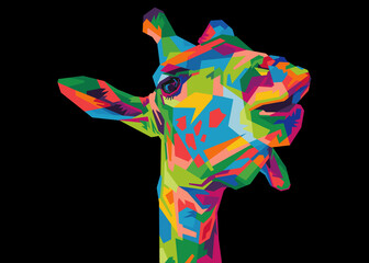 Wall Mural - colorful giraffe head on pop art style isolated with black backround