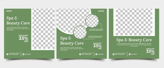 Wall Mural - Social media post template design set for spa and beauty. Green background color with photo collage. Suitable for social media, flyers, and web internet ads.