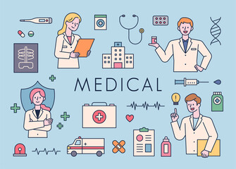 Wall Mural - characterized medical icons of doctors making various gestures. the doctor character explains in a c