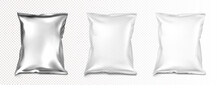 Foil And Plastic Bags Mockup, Blank White, Transparent And Silver Metallic Colored Pillow Packages For Food Production, Snack, Chips Or Cookies, Isolated Design Element Realistic 3d Vector Mock Up Set