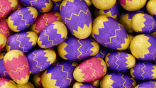 Multicolored, Foil Wrapped Easter Egg Background. Beautiful Easter Wallpaper With, Patterned Yellow, Pink And Purple Eggs. 3D Render 