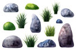 Set of grey, green mossy watercolor boulders, (rocks, stones), tufts of grass. Illustration isolated on white background.