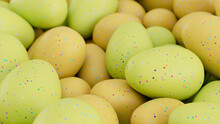 Multicolored Easter Egg Background. Beautiful Easter Wallpaper With, Speckled Green And Yellow Eggs. 3D Render 