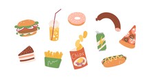 Set Of Unhealthy Junk Food. Fastfood Icons Of Burger, Hot-dog, Pizza, Sausage, Chips, French Fries, Donut, Cake And Soda. Colored Flat Vector Illustration Of Fat Eating Isolated On White Background