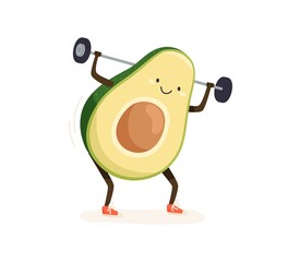 Poster - Cute and funny avocado doing sports exercises with weight. Smiling comic fruit squating and lifting barbell or dumbbell. Colored flat cartoon vector illustration isolated on white background