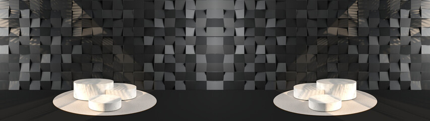 Wall Mural - round white marble pedestal, small black square wall scene with base reflections. pedestal can be us