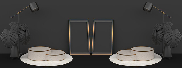 Wall Mural - round marble pedestal, golden border, surrounded by vases, tree, lamps and black pictures frames. pe