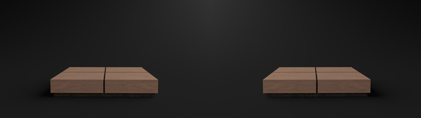 Wall Mural - square wooden pedestals, podiums for display product on the black floor. pedestal can be used for co